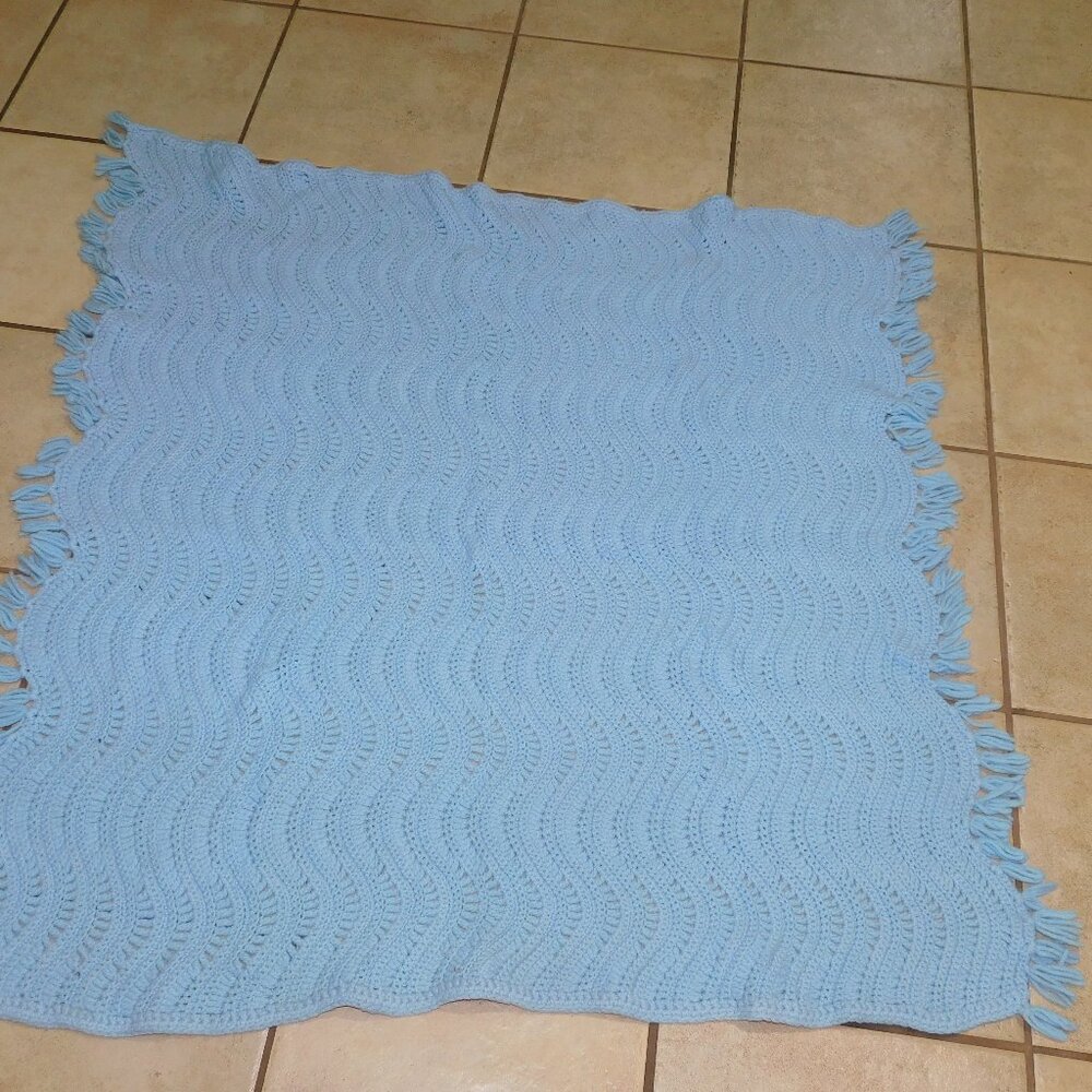 Vintage Handmade Knit Blue Baby Blanket and Spit Rag